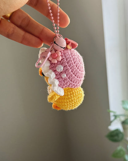 Tiny but Grumpy – Handmade Crochet Angry Duckling Keychain with Floral Bonnet 🐥🎀