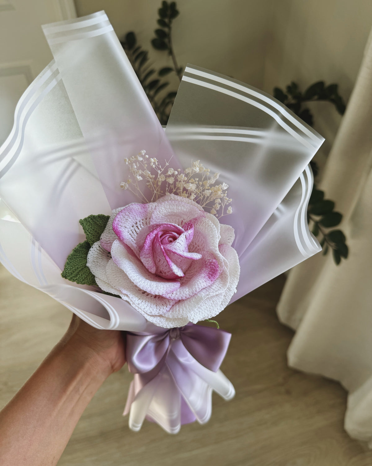 A Rose to Remember | Luxury Hand-Painted Fine Yarn Crochet Rose – 4” Bloom 🌸